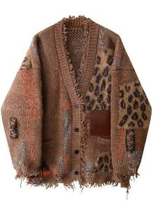Autumn/Winter Collection, New Arrival, Heavy-Duty, Leather Label, Frayed Tassel, Thickened, Color Blocking, Loose Fit, Relaxed Style, Cardigan, Knitwear, Men's Outerwear, Men's And Women's Couplewear - màu nâu - Xem 1
