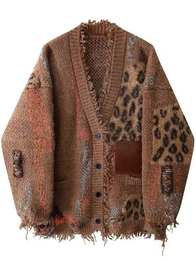 Autumn/Winter Collection, New Arrival, Heavy-Duty, Leather Label, Frayed Tassel, Thickened, Color Blocking, Loose Fit, Relaxed Style, Cardigan, Knitwear, Men's Outerwear, Men's And Women's Couplewear