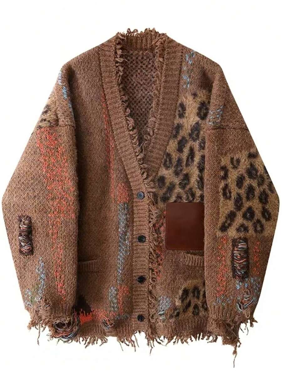 Autumn/Winter Collection, New Arrival, Heavy-Duty, Leather Label, Frayed Tassel, Thickened, Color Blocking, Loose Fit, Relaxed Style, Cardigan, Knitwear, Men's Outerwear, Men's And Women's Couplewear - 棕色 - 查看 1