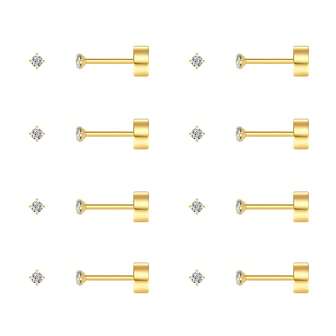 8对装迷你2毫米耳钉，女士款，镶嵌立方氧化锆，适合敏感耳，低过敏性316L不锈钢材质，可叠戴，适合多个耳洞，14K金耳骨耳钉套装，尺寸2毫米、3毫米、4毫米