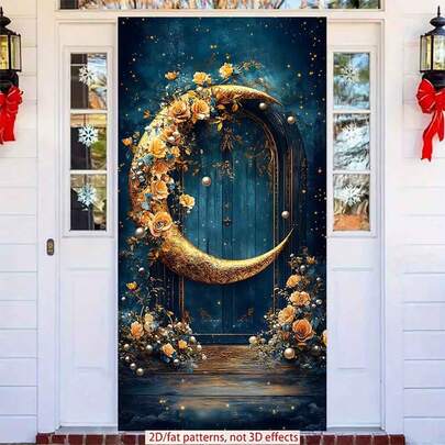2D Polyester Ramadan Door Banner 1pc A Golden Crescent Moon Adorned With Roses And Pearls In Front Of A Blue - Hued Wooden Door Under A Star - Filled Sky Eid Al-Fitr Photo Props And Supplies, Suitable For Muslim Ramadan And Eid Al-Adha Celebrations, Islamic-Themed Holiday Decorations