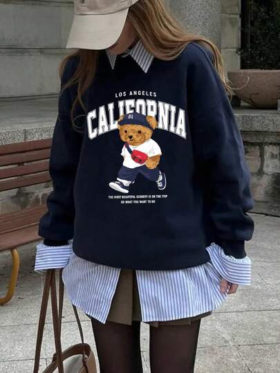 California Bear Graphic Oversized Casual Crew Neck Long Sleeve Sweatshirt For Women
