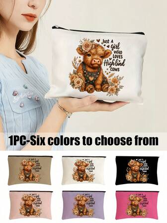 Unique Highland Cow Floral Pattern Cosmetic Bag,Lightweight Foldable Travel Makeup Bag,Portable Beauty Organizer,Zipper Closure Makeup & Toiletry,Stylish Accessory, For Travel Or Daily Use, Playful Design, Ideal Gift For Travelers, Adventurers, And Beauty Enthusiasts,Christmas Gifts, Birthday Gifts, Ramadan Gifts, Party Gifts, Valentine's Day Gifts Make Up Bag Makeup Pouch Toiletry Bag Wash Bag Travel Essential Cruise Essentials Vacation Essentials For Men Women