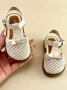 Girls Flats Sandals Kids Adjustable T-Strap Mesh Breathable Bow Hook And Loop 3-12Y Off-White - Beige - View 4