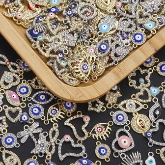 30pcs Random Mixed Alloy Double Hole Hollow Rhinestone Devil's Eye Pendant, Suitable For DIY Necklace, Bracelet, Earring, Keychain, Bag Charm, Jewelry Accessories