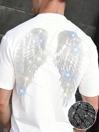 Men's Rhinestone Wings Pattern Casual Versatile Crew Neck Short Sleeve T-Shirt, Summer