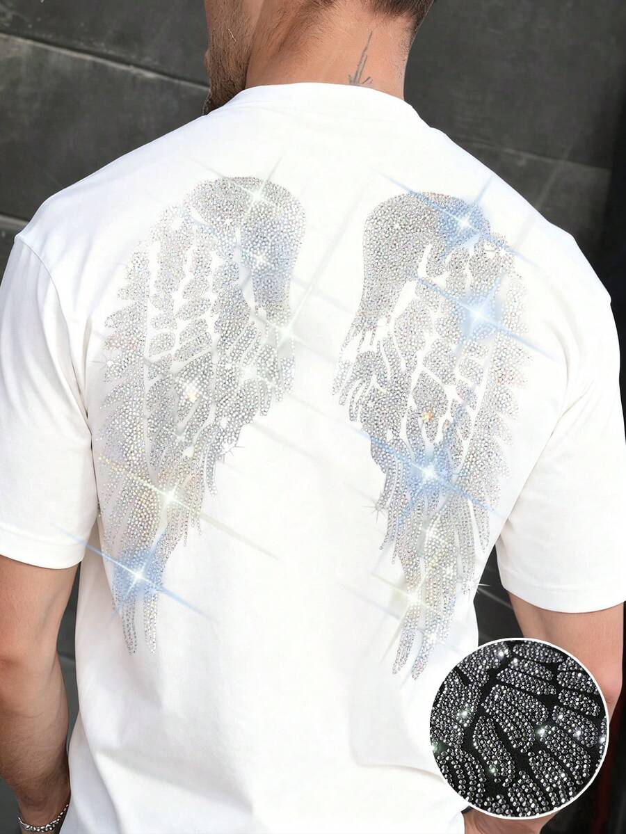 Men's Rhinestone Wings Pattern Casual Versatile Crew Neck Short Sleeve T-Shirt, Summer