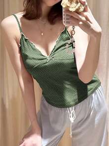 Áo thun dệt kim cổ chữ V họa tiết chấm bi, trang trí nơ, phong cách Sunny Girl mùa hè, ngày lễ tình nhân, dành cho nữ, phong cách Y2K, thích hợp đi học, đi biển, nghỉ mát. - Màu xanh Ô liu - Xem 9