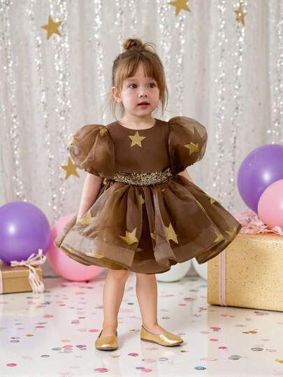 Elegancka sukienka świąteczna dla dziewczynki, bufiaste rękawy z siateczki w gwiazdki, elegancka sukienka na przyjęcie dla małej dziewczynki, sukienka księżniczki odpowiednia na urodziny dziecka, wesele, dla dziewczynki sypiącej kwiaty, na oficjalne okazje, na święta