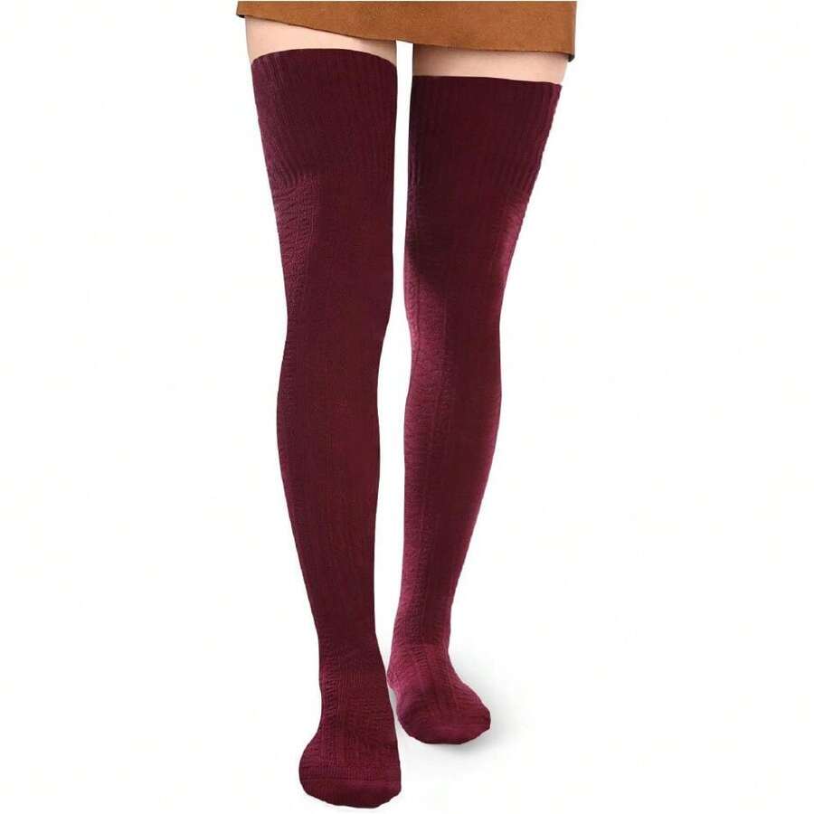 Women Thigh High Socks Extra Long Cotton Knit Warm Thick Tall Long Boot Stockings Leg Warmers,28126069 - 酒紅色 - 查看 1