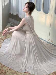 优雅纯色网纱吊带连衣裙，法式无袖A字鸡尾酒裙，适合夏季度假、情人节派对、特殊场合 - 淺粉色 - 查看 2