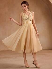 V-Neck Sequin Mesh A-Line Bridesmaid Dress, Christmas Party Dress, Elegant Ladies' Formal Gown, Suitable For Wedding Guests, Graduation Ceremonies, Galas And Other Occasions - Vàng - Xem 7