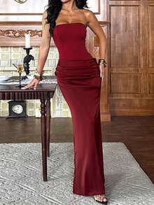 Vestido de verano WOWDARK, rojo vino, elegante vestido de fiesta con parches de satén ajustado y sin tirantes, adecuado para el Día de San Valentín, citas, reuniones, fiestas, viajes, vacaciones, playa y talla grande - Burdeos - Ver 4