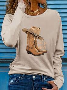 [Cowboy Boot Print Tee] Western Cowboy Boot Print Long Sleeve T-Shirt - Casual Polyester Fabric, Regular Fit, Autumn/Winter Fashion Top For WomenNew Women's T-Shirt: Casual And Versatile For Back-To-School Season High Value For Money, Soft And Skin-Friendly - 黑色 - 查看 9
