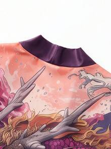 Men's Japanese Dragon Pattern Open Front Casual Shirt - Vintage Purple Pink Loose Fit Summer Top, Machine Washable, Multi-Size Suitable For Indoor And Outdoor Wear, Loose Kimono Style, Non-Sheer Fabric, Please Check Size Chart Carefully