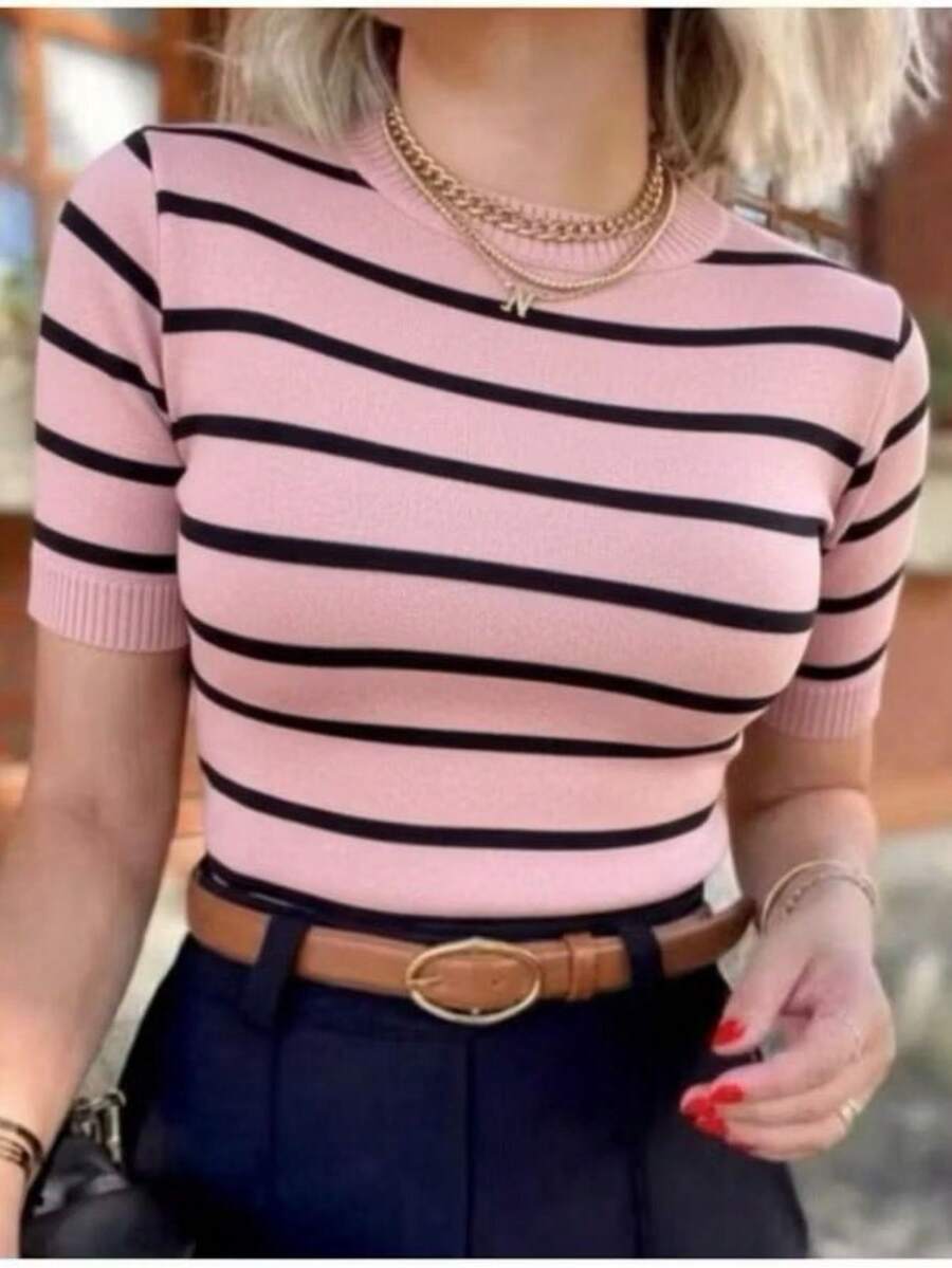 Women's Striped Short-Sleeve Modal Knit Blouse - 乾枯玫瑰色 - 查看 1