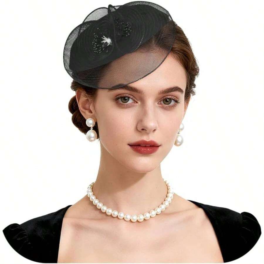 Fascinators Hats Women Tea Party Hat Flower Mesh Pillbox Hat With Hair Clip Vintage Headband Wedding - màu đen - Xem 1