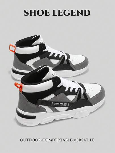 Men's New Letter Pattern Bicolor Shoelace Design Contrast Color Lightweight Casual High-Top Skateboarding Shoes