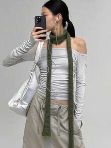 1pc Design Slightly Rolled Scarf Fashion Wear Long Versatile Scarf Narrow Winter Fall - Xanh đậm - Xem 2