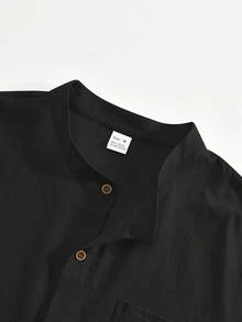 2pcs/Set Men's Loose Thin Black Long Sleeve Mandarin Collar Shirt + Pants Suit, Summer Vacation Casual Style, Lightweight Outfit Ideal For Husband/Boyfriend To Beat The Heat - Black - View 4