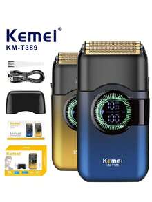 Kemei KM-T389 男士电动剃须刀,旋转式设计,配备两个浮动刀头,干湿两用,IPX7 级防水,旋转式设计,带 LED 显示屏,可修剪胡须,USB Type-C 充电,无线设计 - 彩色 - 查看 2