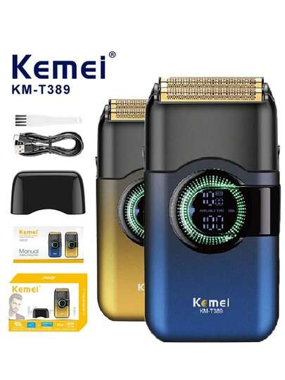 Kemei KM-T389 男士电动剃须刀，旋转式设计，配备两个浮动刀头，干湿两用，IPX7 级防水，旋转式设计，带 LED 显示屏，可修剪胡须，USB Type-C 充电，无线设计