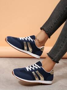 女士厚底休闲运动鞋，时尚系带防滑运动鞋，适合春秋季穿着 - 藏蓝色 - 查看 4