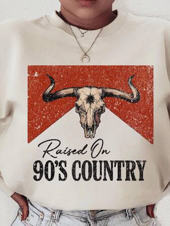 90年代乡村西部公牛图案复古宽松女式卫衣，2025年秋季女士休闲圆领长袖套头衫