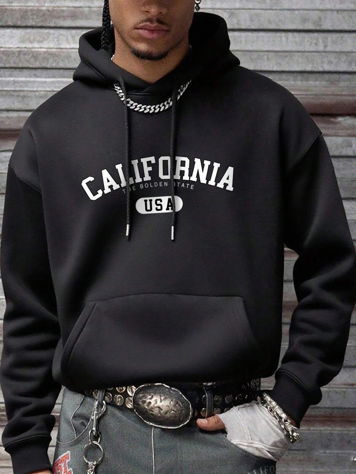 sweat-shirt à capuche décontracté polyvalent pour hommes avec poche kangourou et cordon de serrage, imprimé slogan CALIFORNIA, automne/hiver 10