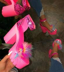 Western Plus Size Faux Fur Thong High Heel Sandals For Women; One Buckle Thick Heel Waterproof Platform Fashion - Màu Hồng Tươi - Xem 2