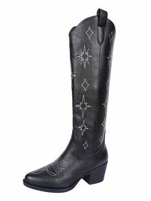 New Plus Size Women's Embroidered Totem Knight Boots, Thick Heel Round Toe High Shaft Boots, Fashion Versatile Autumn/Winter European And American Style - Black - View 7