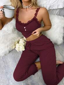 Ladies' Comfortable Striped Pajama Set - Sexy Lace Halter Pants And Shorts, Solid Color, Sleeveless, V-Neck, Long Style, Casual Style, Suitable For All Seasons, Casual Home Wear/V-Neck Halter Pants/Striped Fabric - Rượu vang đỏ - Xem 5