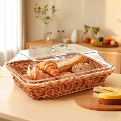 Imitation Rattan Bread Basket With Lid, Woven Tabletop Food Serving Basket, Farmhouse Style Rattan Storage Bin For Fruits, Vegetables & Rolls, Kitchen Counter & Dining Table Organizer, Rectangular Serving Basket For Party, 13.8" L X 9.8" W