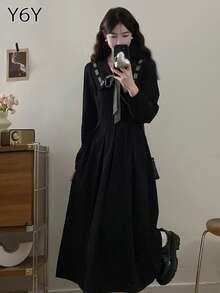 Y6Y 2025 Autumn/Winter Youthful Black Peter Pan Collar Slimming Black Dress For Women - Black - View 6