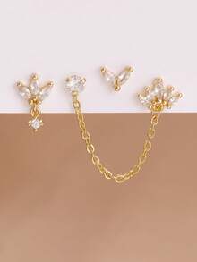 3PCS Stainless Steel Crown Chain Tassel Zirconia Hoop Earrings Flower Ear Stud Set For Women 18K Gold Plated Unique Earrings Cartilage Piercing Jewelry - Four Leaf Clover - View 10