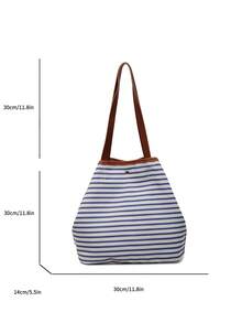 2025秋冬新款韩版大容量托特包，条纹简约通勤单肩包 - 米色 - 查看 5