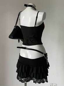 Women's Gothic Spider Web Lace Camisole Ruffle Collar Knit Fabric Cropped Tank Top - Multicolor - View 4