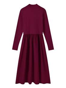 Style européen et américain Robe en tricot à manches longues, zip à mi-chemin, couleur unie pour femmes. Nouvelle robe d'automne/hiver avec jupe évasée cintrée à la taille, élégante - Rouge foncé - Voir 4