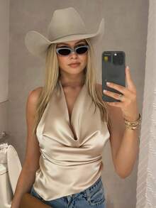 女士纯金/香槟色优雅缎面吊带背心性感露背系带上衣，适合日常外出、办公室通勤、约会、派对、情人节、圣诞节和其他场合 - 杏色 - 查看 3