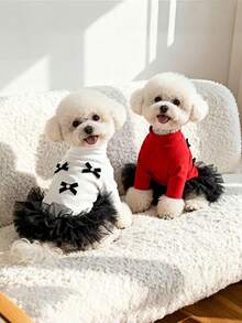 1pc Autumn/Winter Undershirt & Tulle Skirt, Long Sleeve Princess Tulle Skirt, Comfortable Versatile Undershirt, Bow Decor, Suitable For Pomeranian, Chihuahua, Maltese, Teddy And Other Small/Medium Cats And Dogs For Daily Wear And Parties