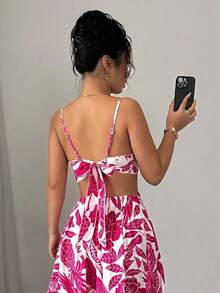 Women's Long Printed Dress With Side Cutouts And Front Ring, Elegant Look - Màu Hồng Tươi - Xem 9