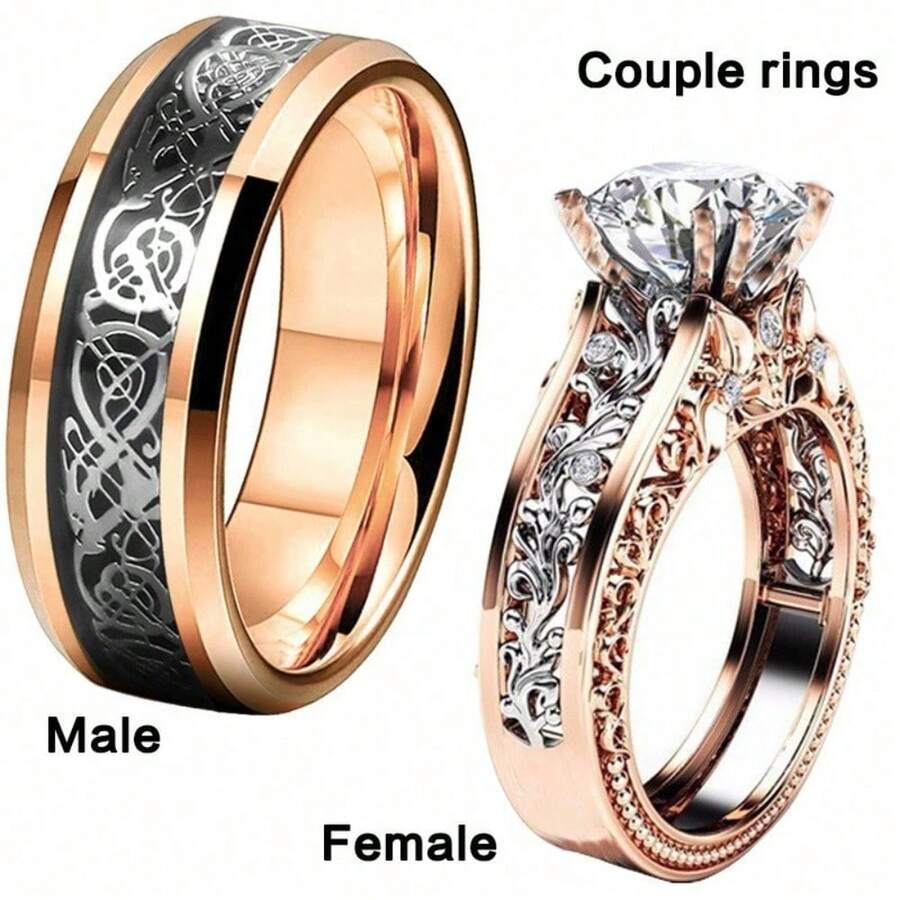 Couple Rings Set, Women's Exquisite Stainless Steel Ring And Men's Simple Fashion Ring, Perfect Gift For Lover's Wedding, Engagement And Anniversary - Men - 查看 1