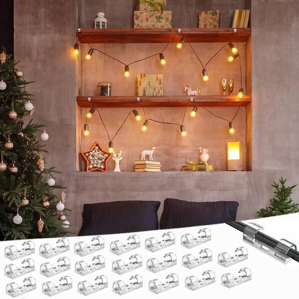 20 pièces/60 pièces/100 pièces Crochets d'éclairage, Pinces pour guirlandes de Noël, Crochets pour guirlandes lumineuses d'extérieur, Organisateurs de câbles adhésifs, Supports de câbles adhésifs pour accrocher les guirlandes de Noël, les câbles muraux, les guirlandes de fées (transparent, moyen), Crochets pour accrocher les guirlandes, Crochets pour accrocher les lumières, Supports de décoration de Noël