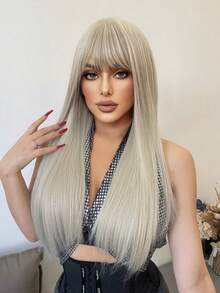 Synthetische hellgraue gerade Perücke, aus Fasern hergestellt, geeignet für den täglichen Gebrauch, natürliches und realistisches Aussehen (ohne Zubehör). - Hellgrau - Übersicht 1