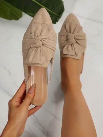 Khaki Slip-On Mule Shoes, Pointed Toe Loafers For Women, Suede Leather One-Piece Bow Decor, Backless Design, Elegant & Versatile, Suitable For Spring & Autumn