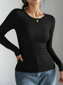 2 piezas Camiseta de manga larga de punto acanalado de unicolor para mujer, tops casuales ajustados cómodos en negro y blanco para otoño/invierno - Multicolor - Ver 8