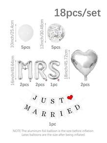 18件套 - 16英寸银色“Mr & Mrs”字母铝箔气球套装，包含“Just Married”横幅、白色乳胶气球、五彩纸屑气球和心形气球，适用于新娘送礼会、单身派对、婚礼、订婚、室内外装饰。 - 彩色 - 查看 8