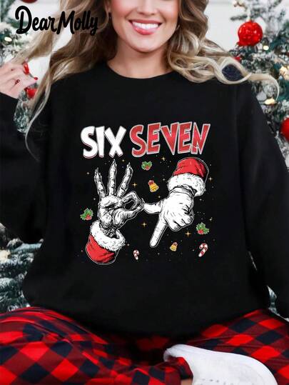 DEAR MOLLY Women's Six Seven Funny Christmas Print Crew Neck Sweatshirt, Dropped Shoulder Pullover Suitable For Autumn/Winter, New Year, Christmas, Family Wear