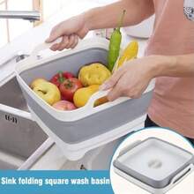 2,4 galones 9L Palangana plegable con tapón de drenaje, bandeja de almacenamiento de cocina, palangana para lavar platos, tina de platos portátil y plegable para camping y caravana, color gris - Blanco y gris - Ver 5
