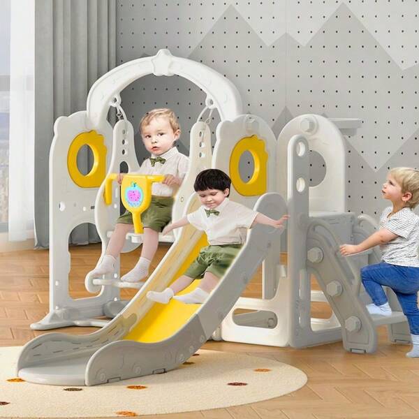 Kids Slide And Swing Set, 7in1 Toddler Slide Playset With Adjustable Swing And Dining-Plate, Basketball Hoop, Ball...